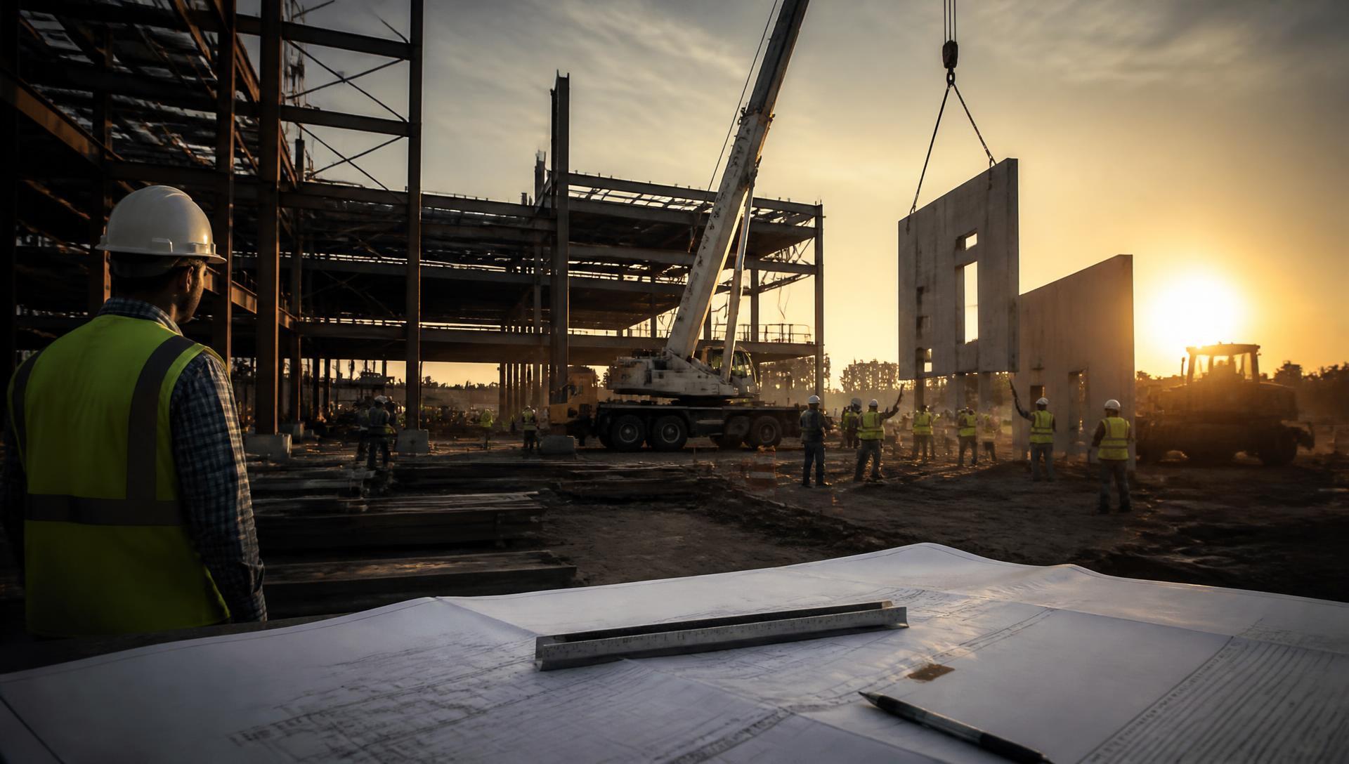 Active commercial construction jobsite with crane, steel framing, and workers