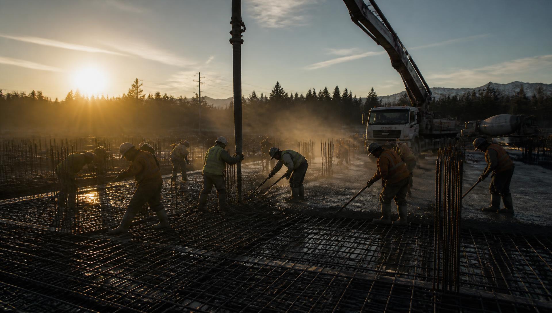 Voak Construction concrete crew pouring a foundation slab at sunrise