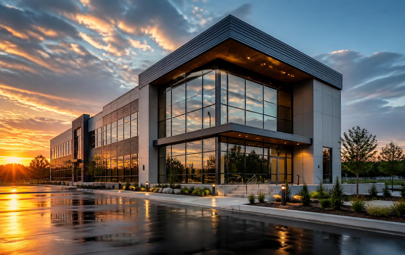Modern commercial building at golden hour representing Voak Construction's general contracting work