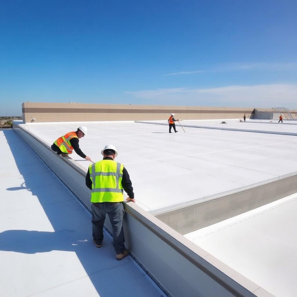 Crew installing TPO roofing on a large commercial building