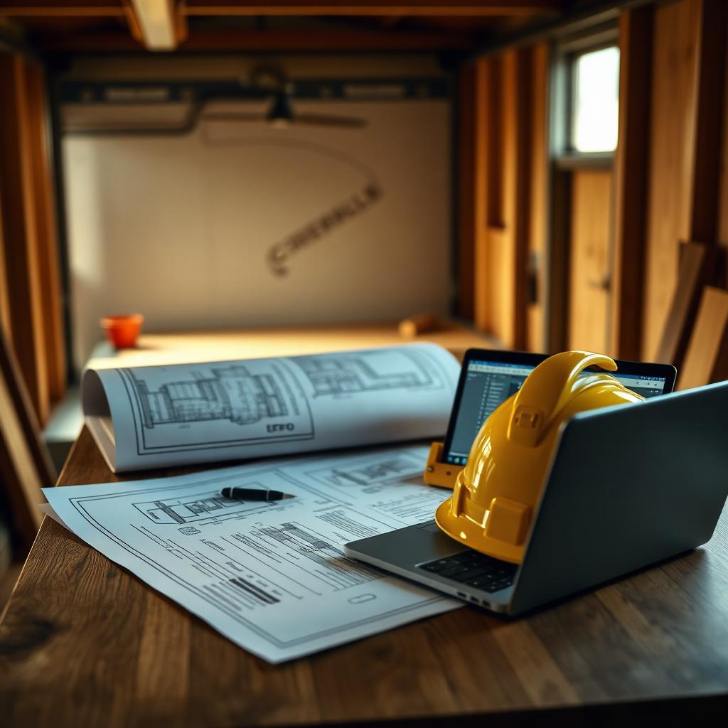 Preconstruction planning with blueprints, hard hat, and estimating laptop