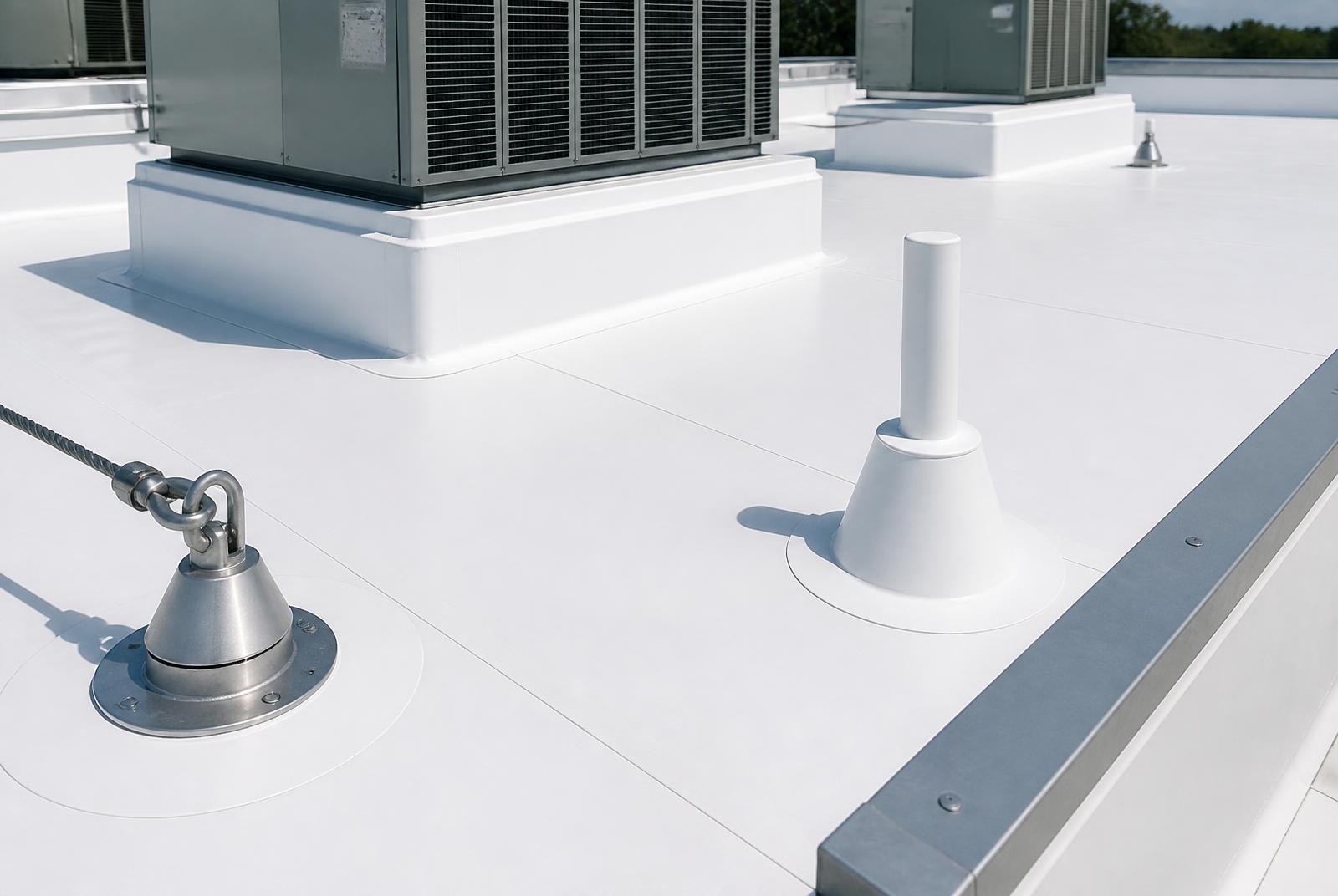 Detail: heat-welded seams, pipe boots, coping metal & fall anchors