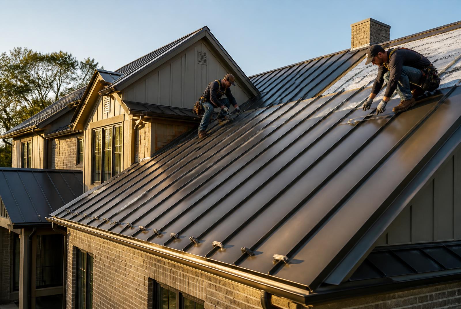 Standing-seam metal panels on a high-end residential home